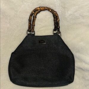SIMONELLI BRAND BLACK HAND BAG WITH BAMBOO LIKE(ACRYLIC) HANDLES SNAP CLOSURE